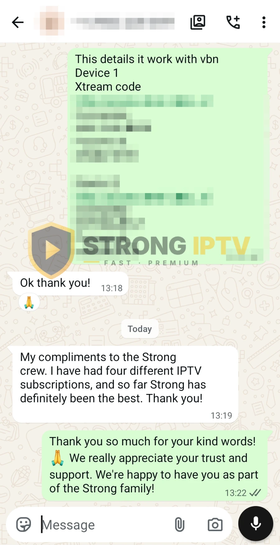 Strong IPTV customer review on WhatsApp 1