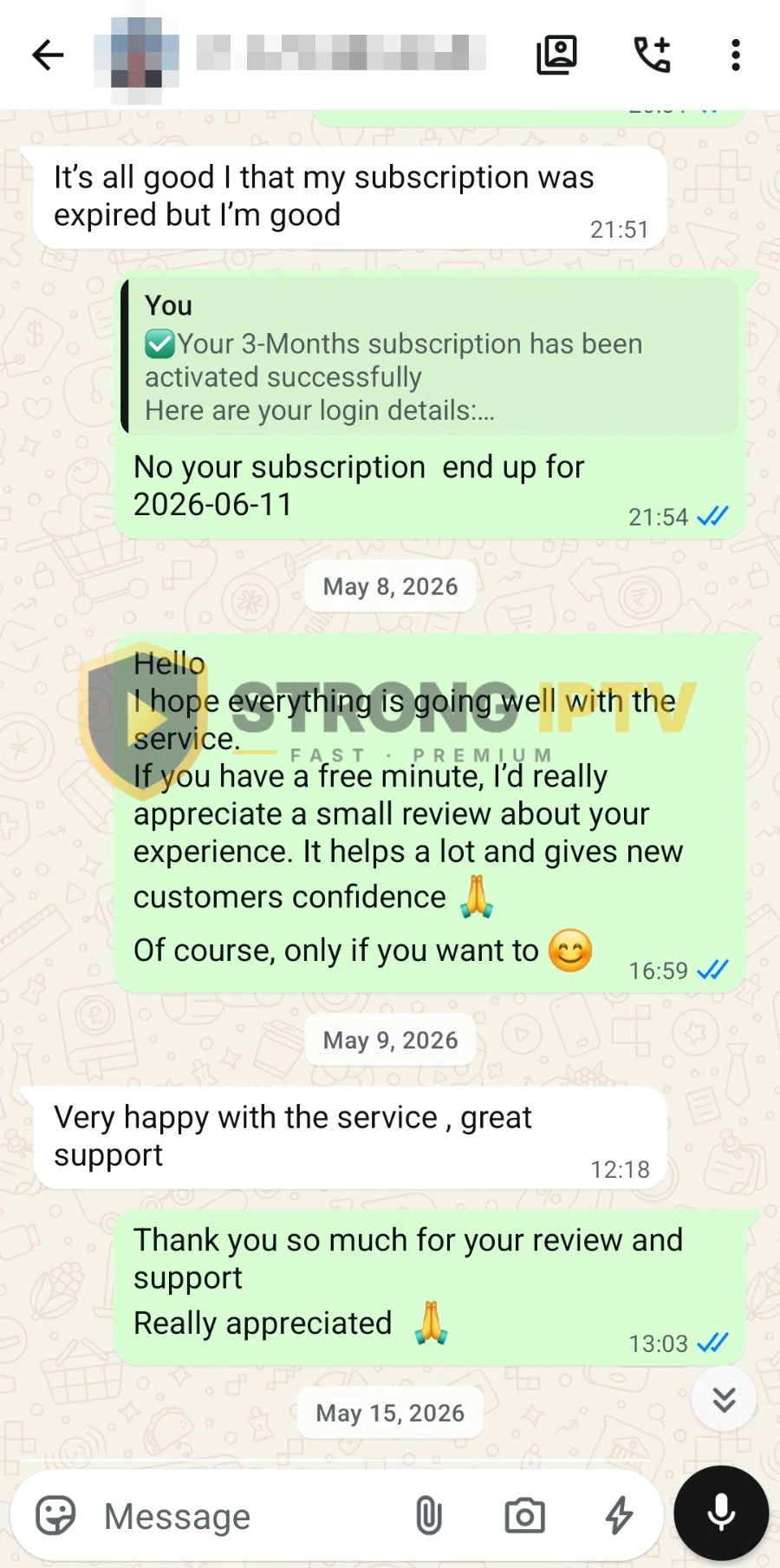 Strong IPTV customer review on WhatsApp 3